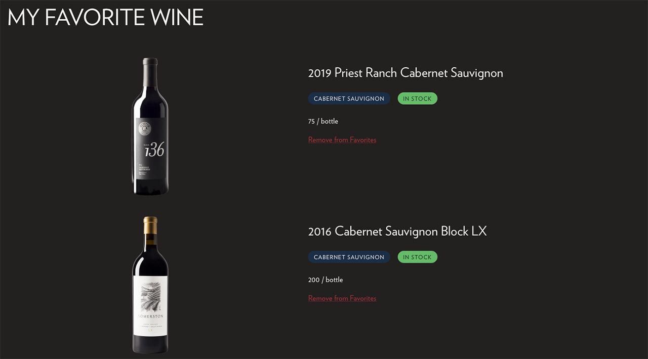the gc fly tour microsite page for my favorite wines, a feature listing wines liked and essential info about the favorited wine selection