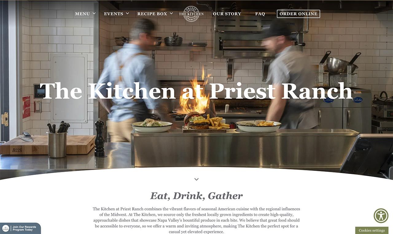 the kitchen at priest ranch landing page featuring a fast paced image from the kitchen followed by pleasantly presented introduction title and text