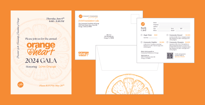 A selection of print graphic design collateral by Miriam Silkebakken for the Orange@Heart Gala