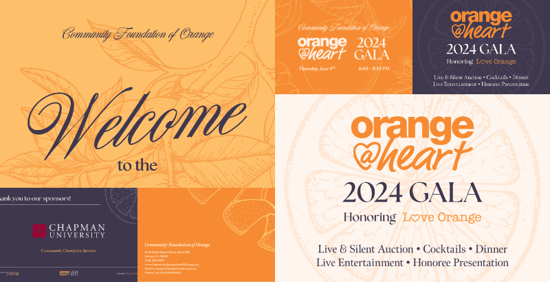 A selection of digital graphic design collateral by Miriam Silkebakken for the Orange@Heart Gala