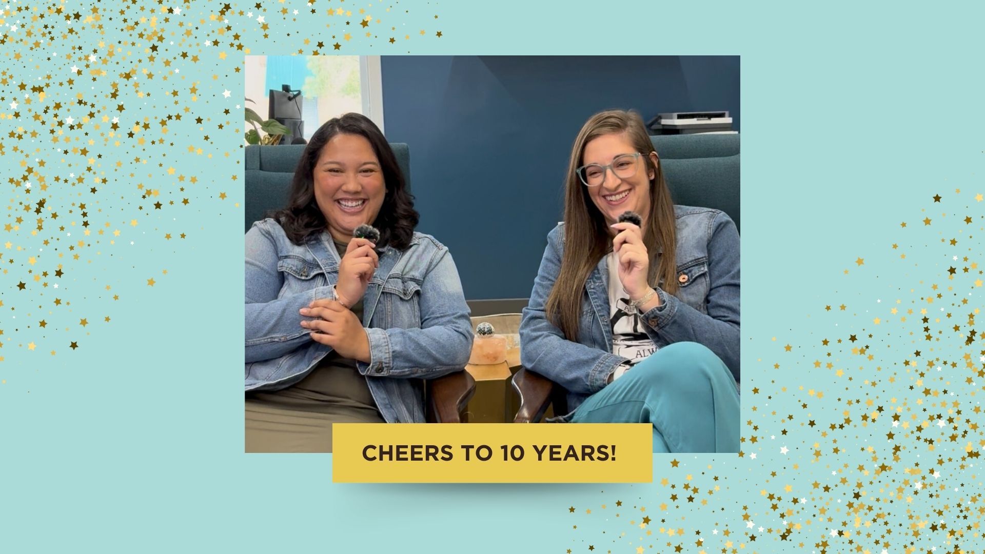 Lindsay & Drea Celebrate 10 Years at Get Community! Lindsay and Drea sitting on a couch together laughing about their experience at get community