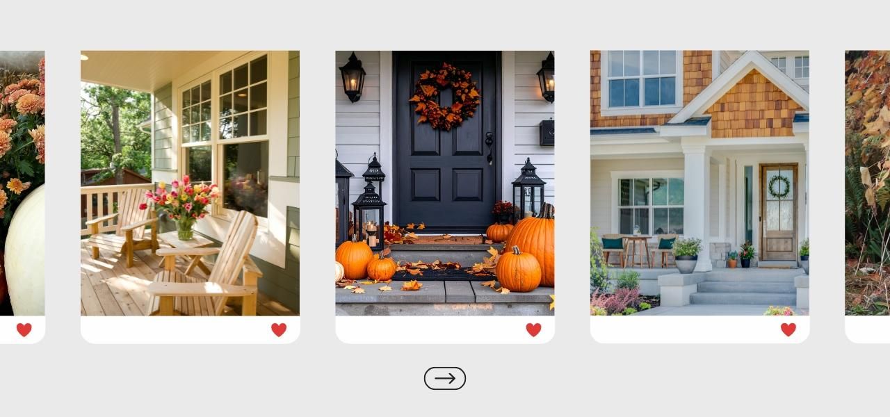 Collage of fall-themed home images, including porches with pumpkins, wreaths, and cozy outdoor seating, styled like Instagram posts.