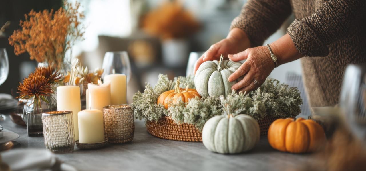 Hands decorating a fall-themed dining table centerpiece with pumpkins, candles, and autumn florals.