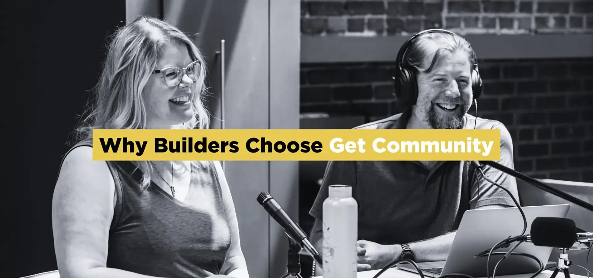 Get Community team members recording podcast content and discussing homebuilder marketing strategies.