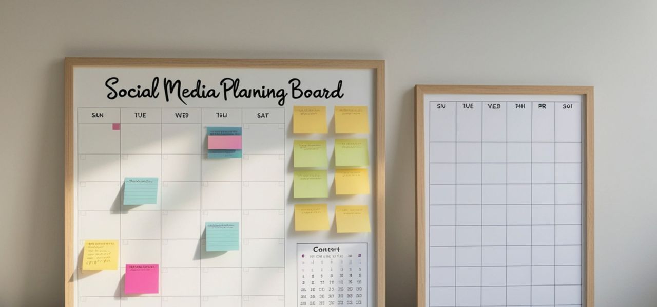 Wall-mounted social media planning boards with calendars and colorful sticky notes.