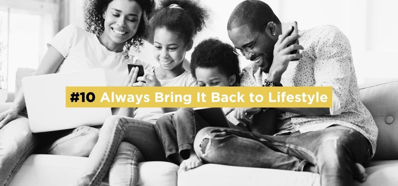 Family sitting together on a couch using digital devices, representing everyday life and lifestyle in a new home.