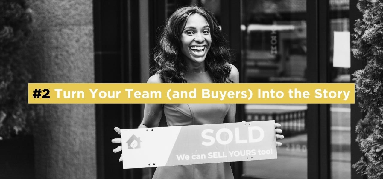 Smiling real estate agent holding a “sold” sign outside a home, representing personal storytelling in real estate marketing.